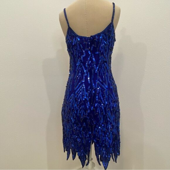 Vintage 80s Blue Silk Sequin Dress Beaded Geo Mini Party Cocktail Sz Medium - Picture 2 of 10